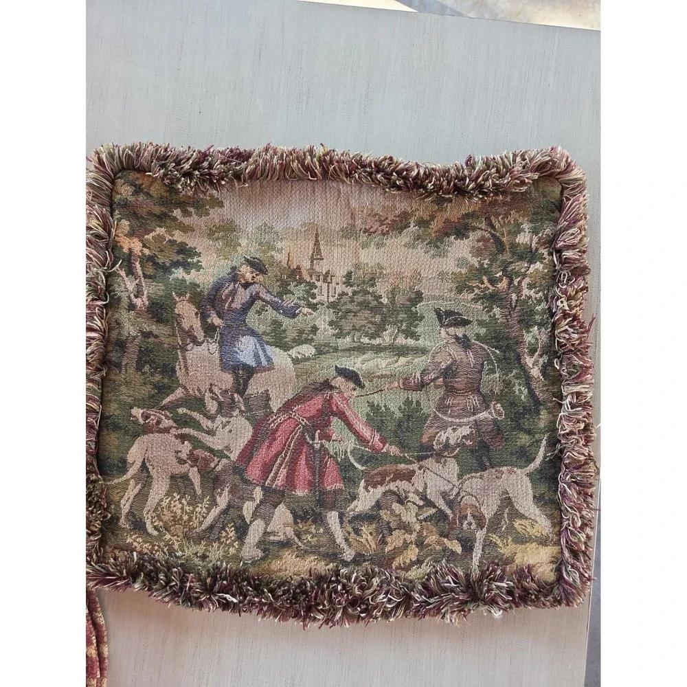 Vtg French Jacquard Tapestry pillow cover Equestrian Brush Fringe 18x17 *flaw